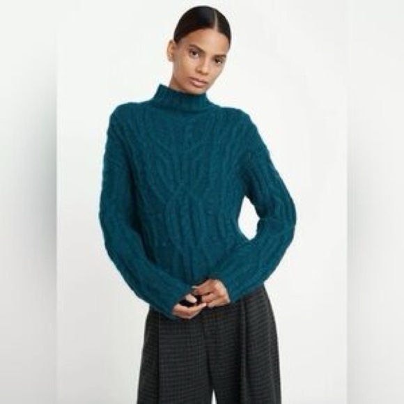 VINCE Alpaca Wool Sweater Dark mock neck cable knit Malachite Teal Size XS - Picture 1 of 8